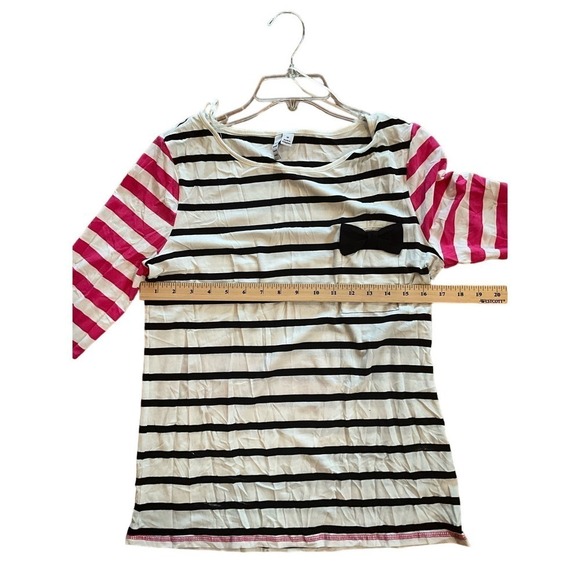 Elle Blouse Women's Size M Pink White Striped Bow Pocket Long Sleeve Crew Neck - Picture 5 of 5